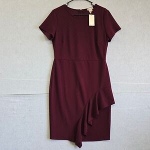 Emi & Joe Burgundy Ruffle Hem Sheath Dress MD18347 Maroon Short Sleeve Large NWT